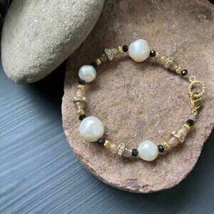 Old Money Goldtone Rhinestone and Faux Pearl Beaded Bracelet
